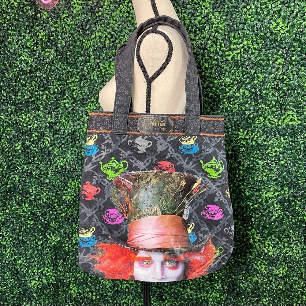 Mad Hatter Denim Graphic Tote Bag